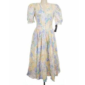 Carol Anderson Deadstock 80s Pastel Cotton Basque Waist Midi Dress 11/12 L